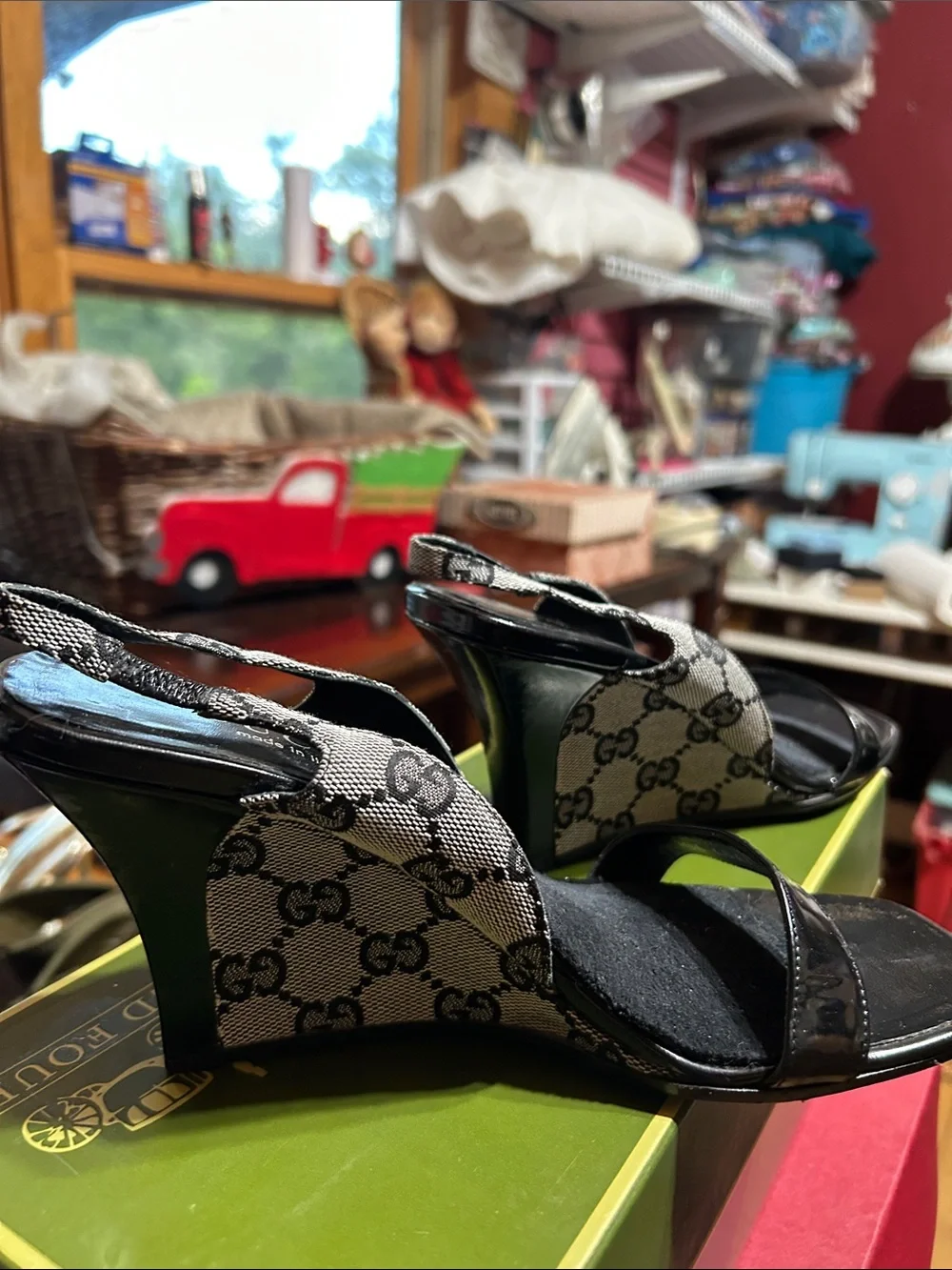 Gucci Black Monogram Patent Leather Heel Sandals